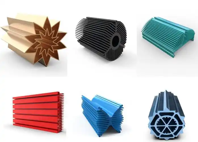 Multiple star-shaped, radial fin, hexagonal hollow aluminum radiators, all cross-sections engineered with Custom Aluminum Extrusion Design to meet diversified industrial cooling demands